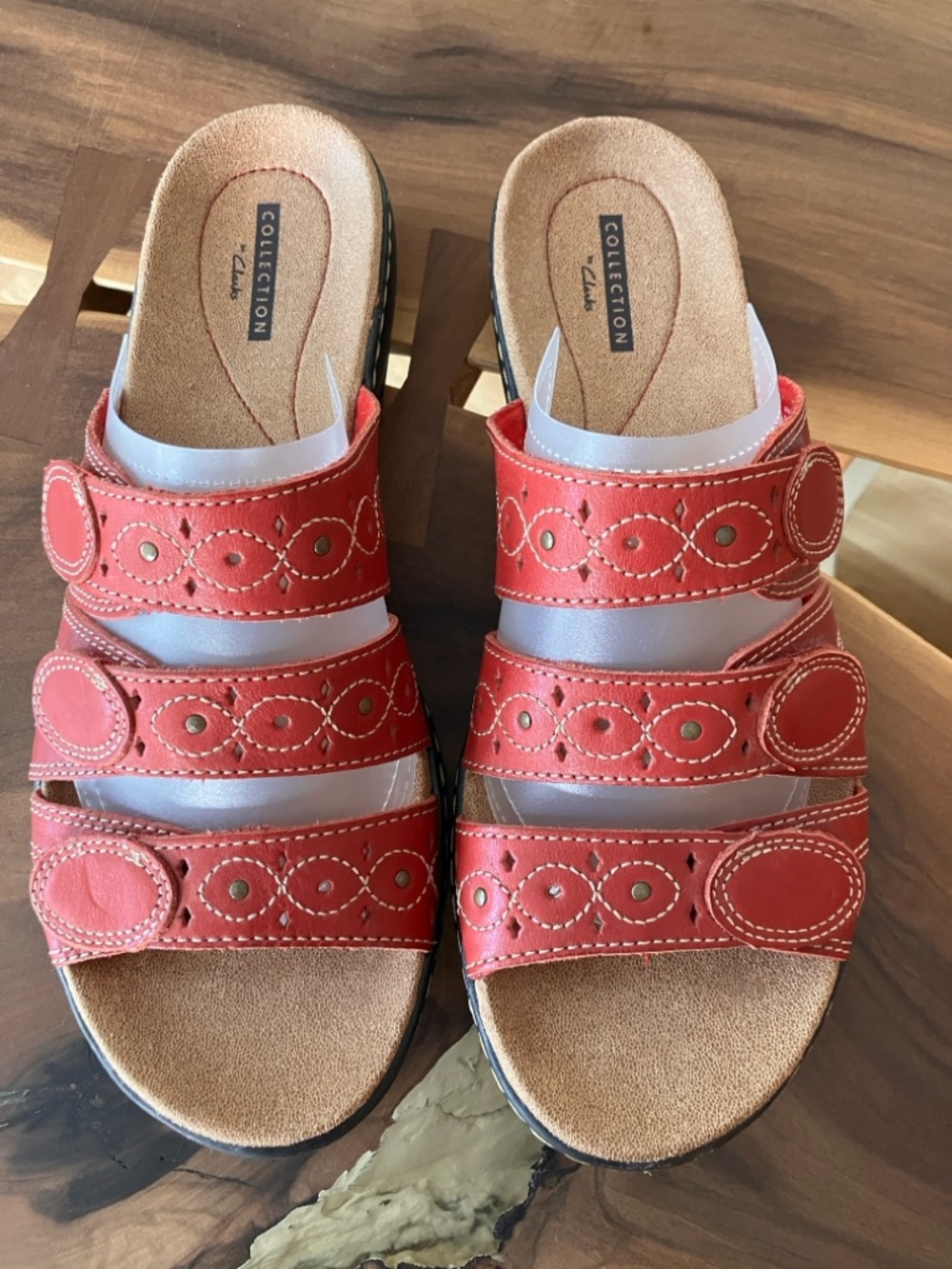 Clarks Women's Red Multi-Strap Leather Slide Sandals